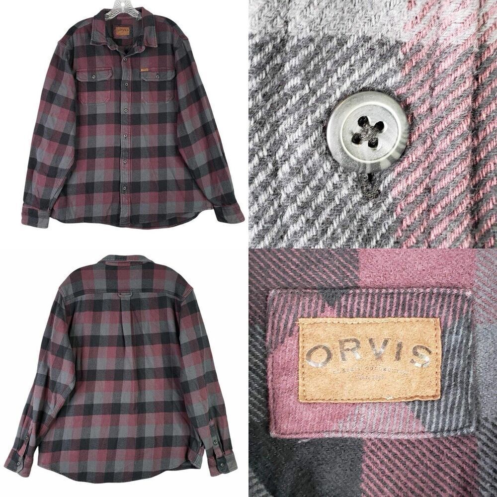 Orvis Flannel Shirt Men’s Size XL Plaid Gray Purple Button Down Long Sleeve